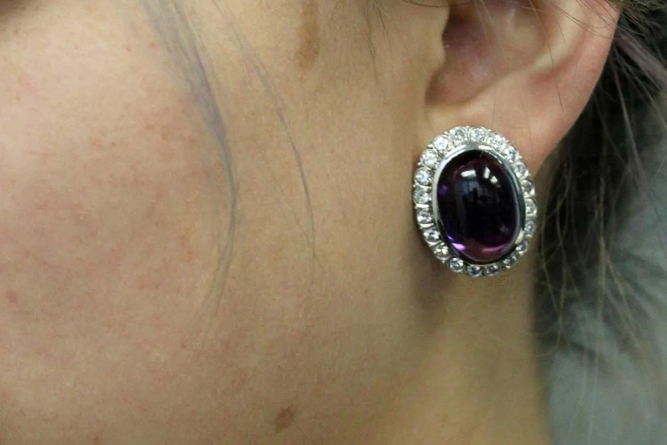 Cabochon Amethyst Platinum Diamond Earrings
