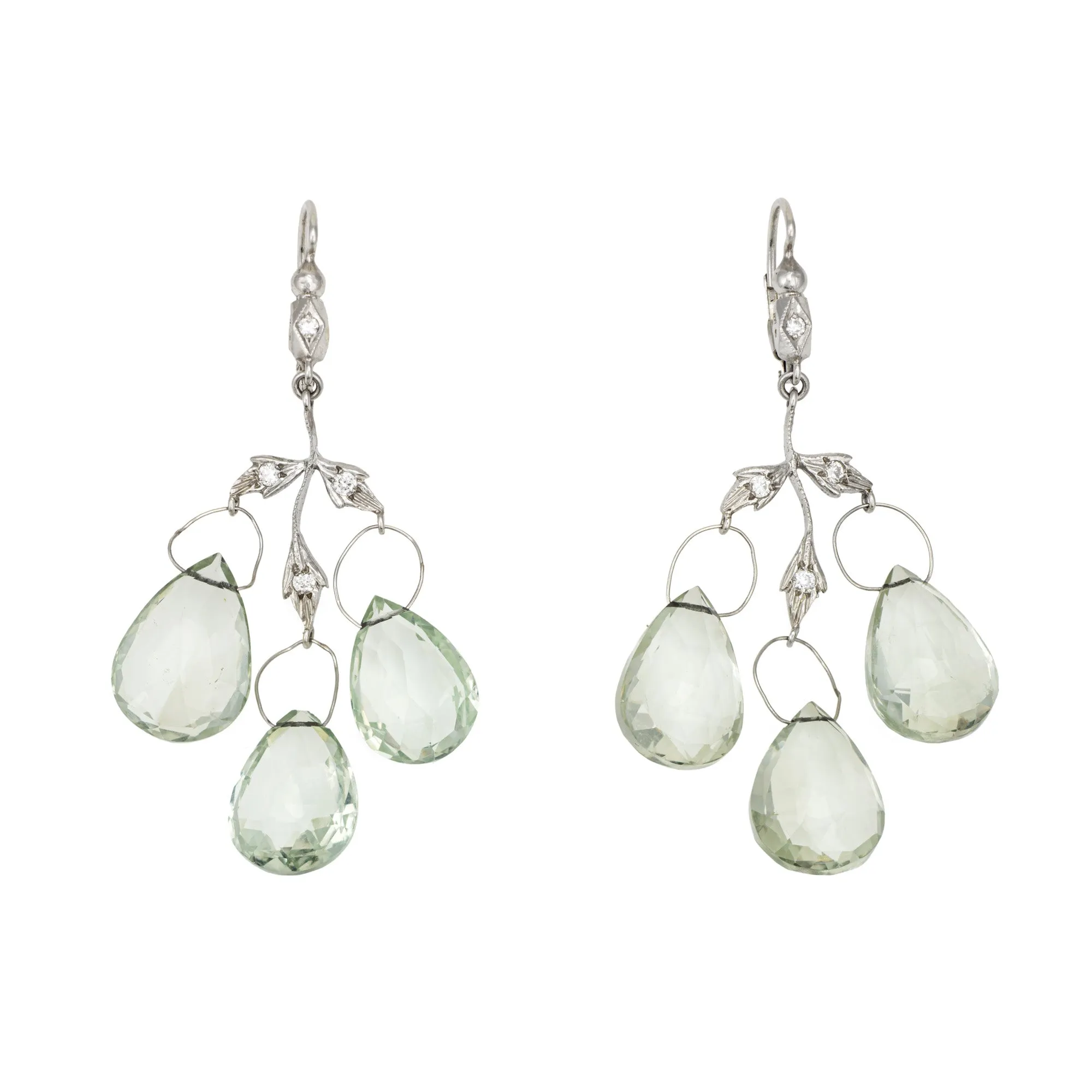 Cathy Waterman Prasiolite Diamond Earrings Leaf Triple Drop Estate Fine Jewelry
