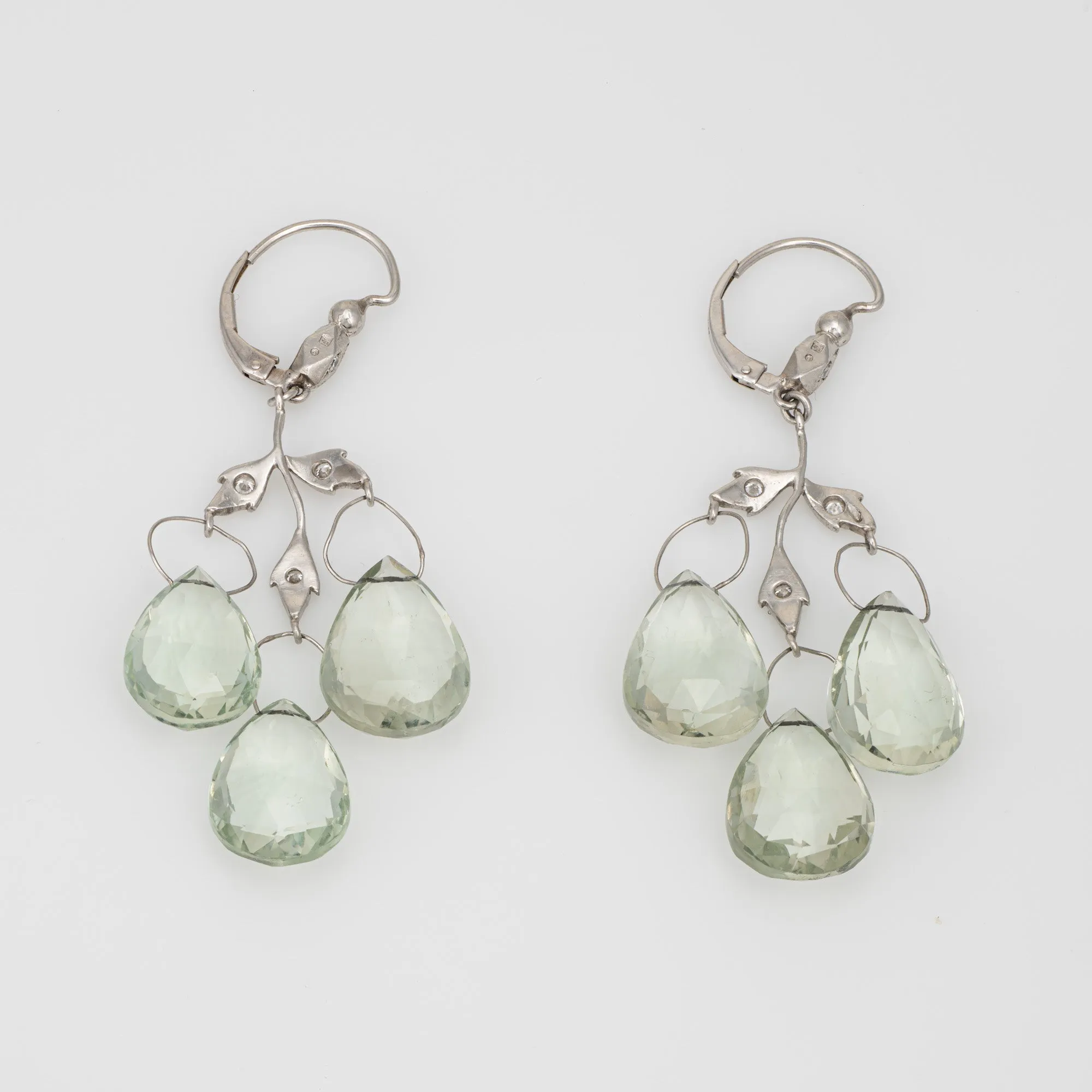 Cathy Waterman Prasiolite Diamond Earrings Leaf Triple Drop Estate Fine Jewelry