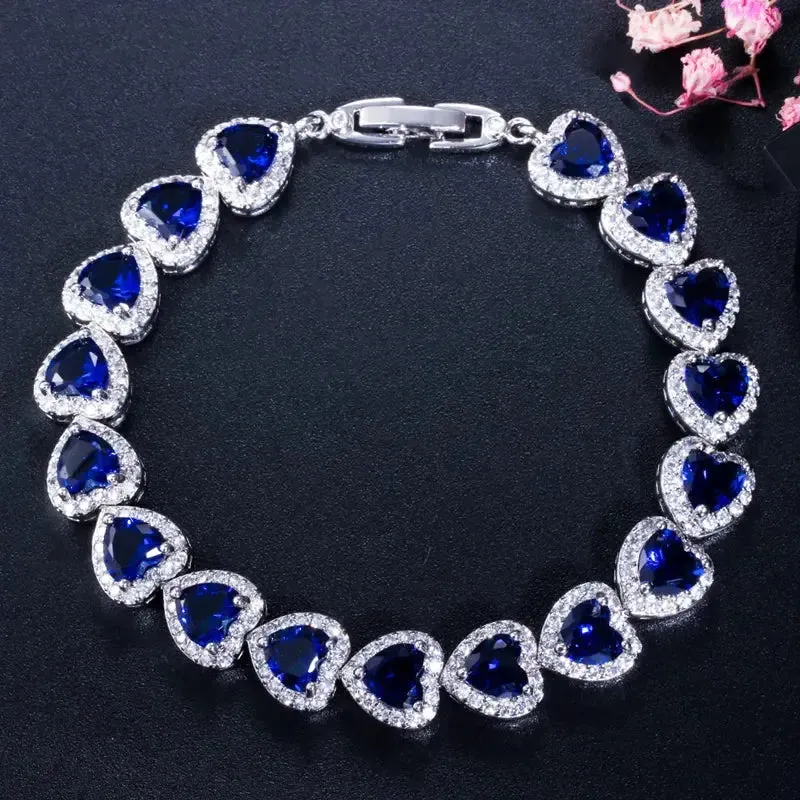 Chain & Link Bracelets High Quality Royal Blue Cubic Zirconia Silver Color Love Heart CZ Bracelet for Women Party Jewelry