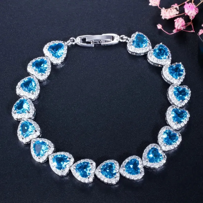 Chain & Link Bracelets High Quality Royal Blue Cubic Zirconia Silver Color Love Heart CZ Bracelet for Women Party Jewelry