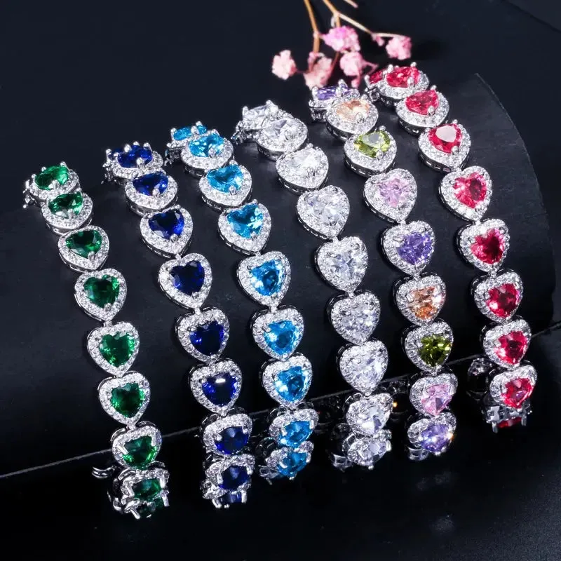 Chain & Link Bracelets High Quality Royal Blue Cubic Zirconia Silver Color Love Heart CZ Bracelet for Women Party Jewelry