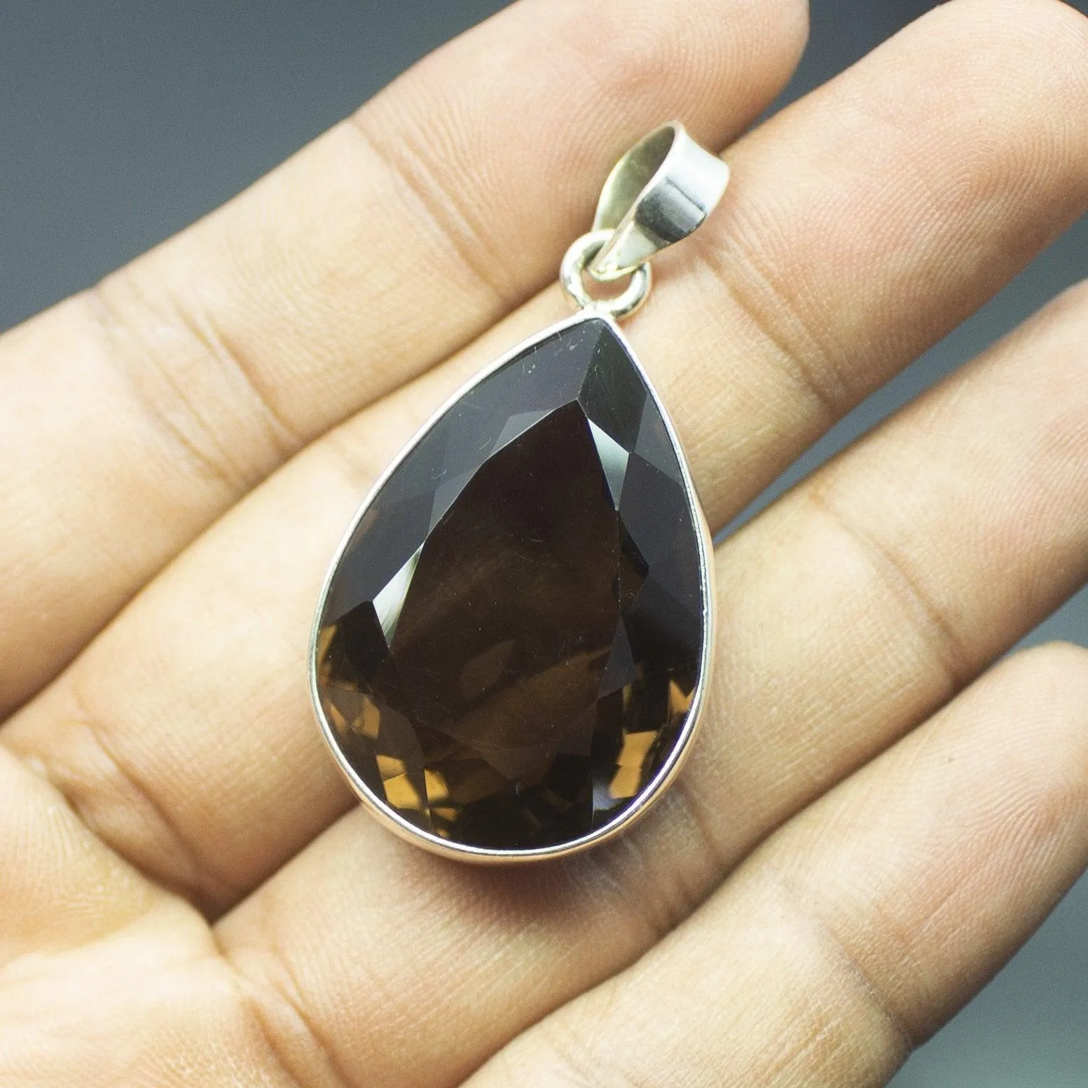 Christmas Gift,  16.50g, Totally Handmade Natural Smoky Quartz Pear Shape 925 Sterling Silver Pendant
