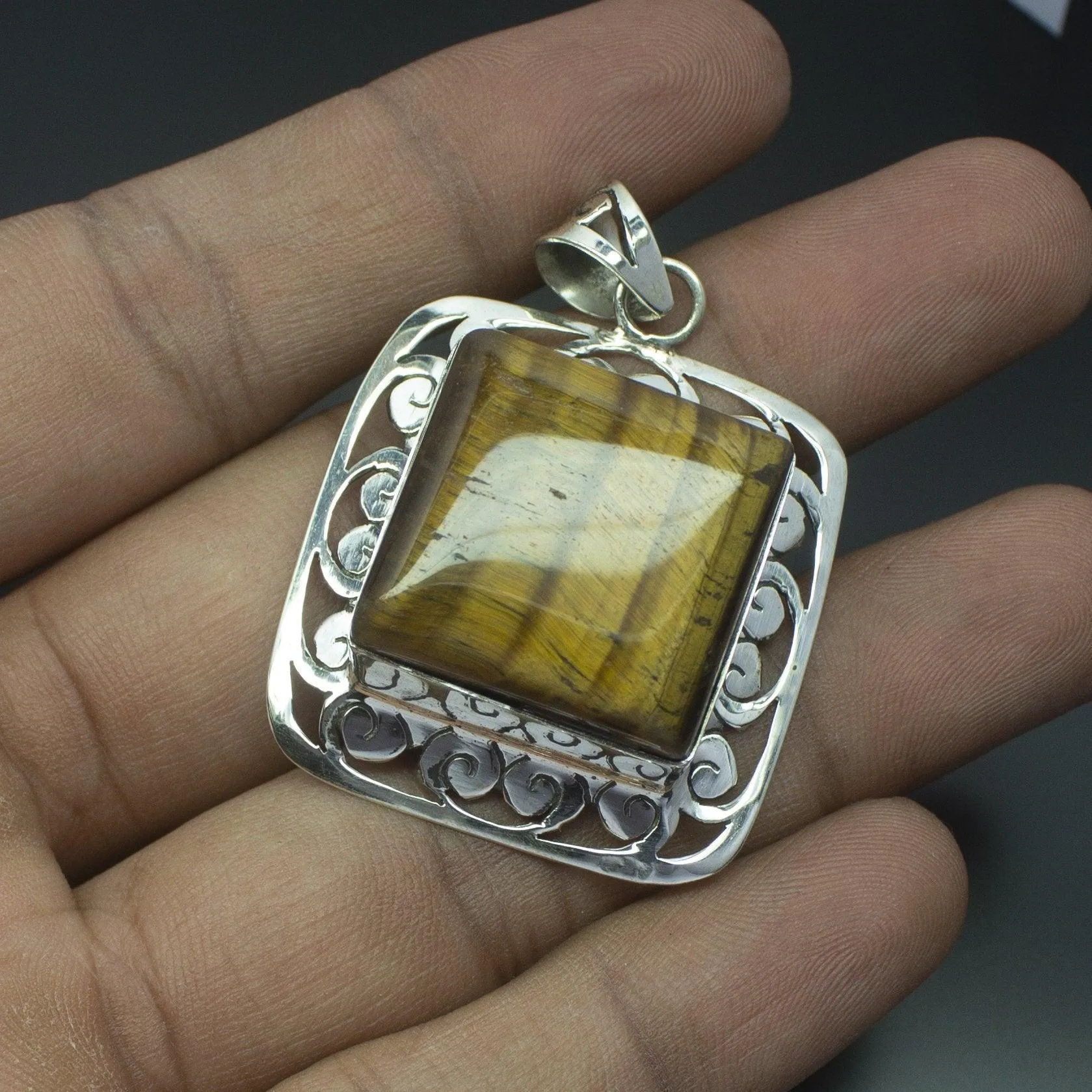 Christmas Gift,  18g, Totally Handmade Natural Tiger's Eye Square Shape 925 Sterling Silver Pendant