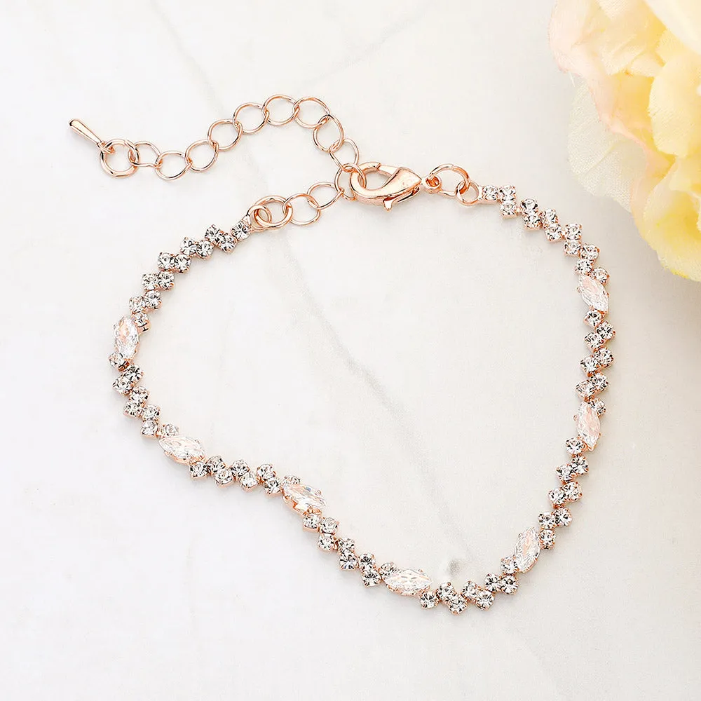Clear Marquise Stone with Emerald Cut CZs Trim Link Bracelet on Rose Gold |  650029