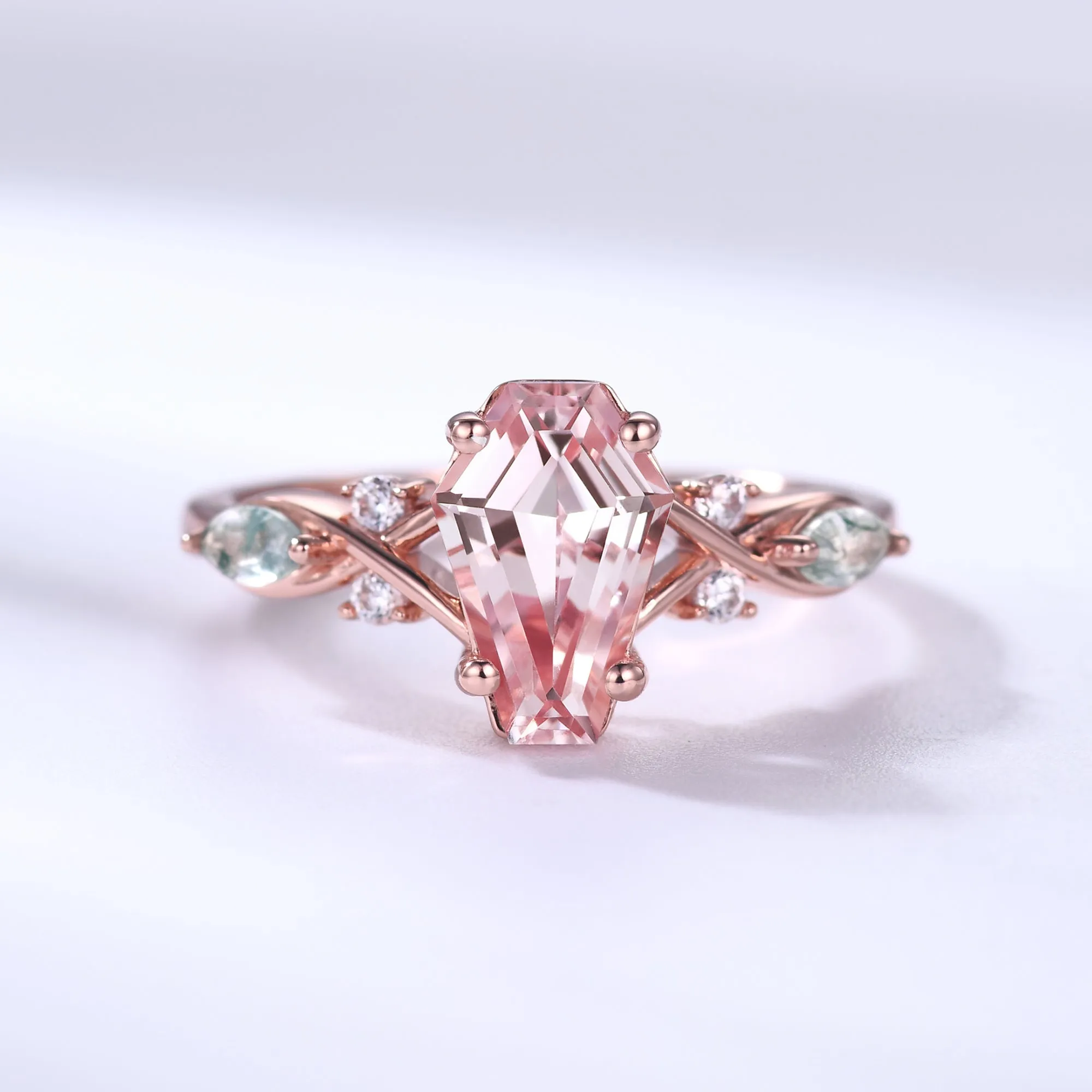 Coffin Shaped Morganite Engagement Ring Rose Gold Moss Agate Nature Inspired