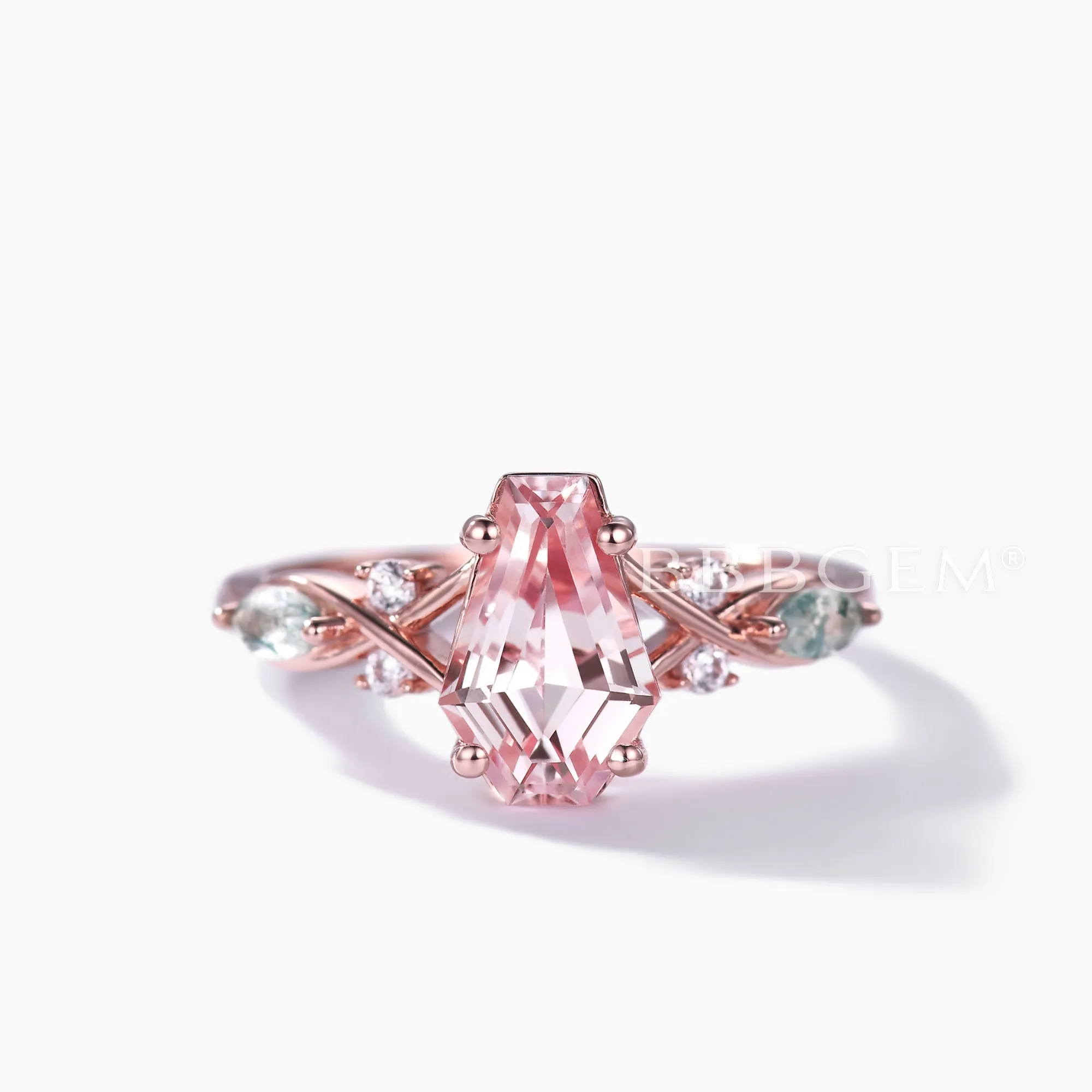 Coffin Shaped Morganite Engagement Ring Rose Gold Moss Agate Nature Inspired