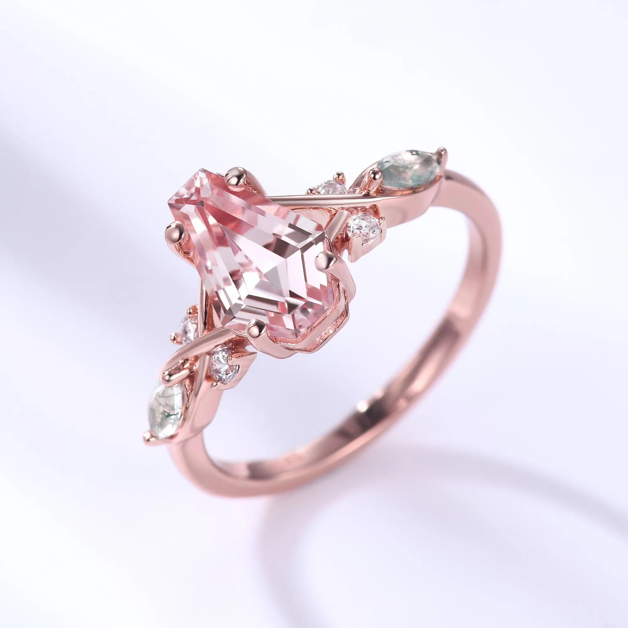 Coffin Shaped Morganite Engagement Ring Rose Gold Moss Agate Nature Inspired