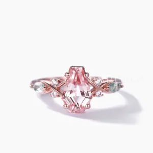 Coffin Shaped Morganite Engagement Ring Rose Gold Moss Agate Nature Inspired