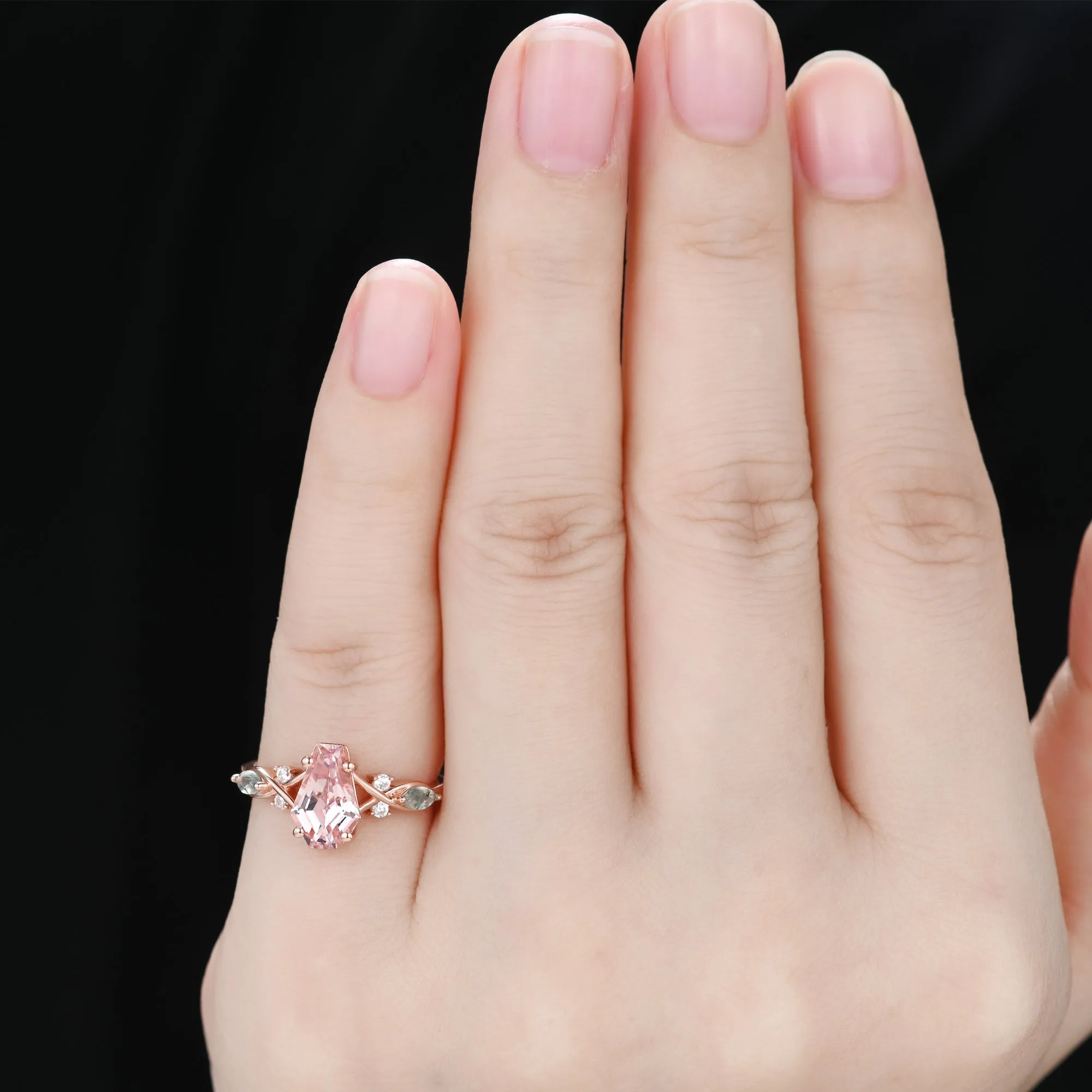 Coffin Shaped Morganite Engagement Ring Rose Gold Moss Agate Nature Inspired