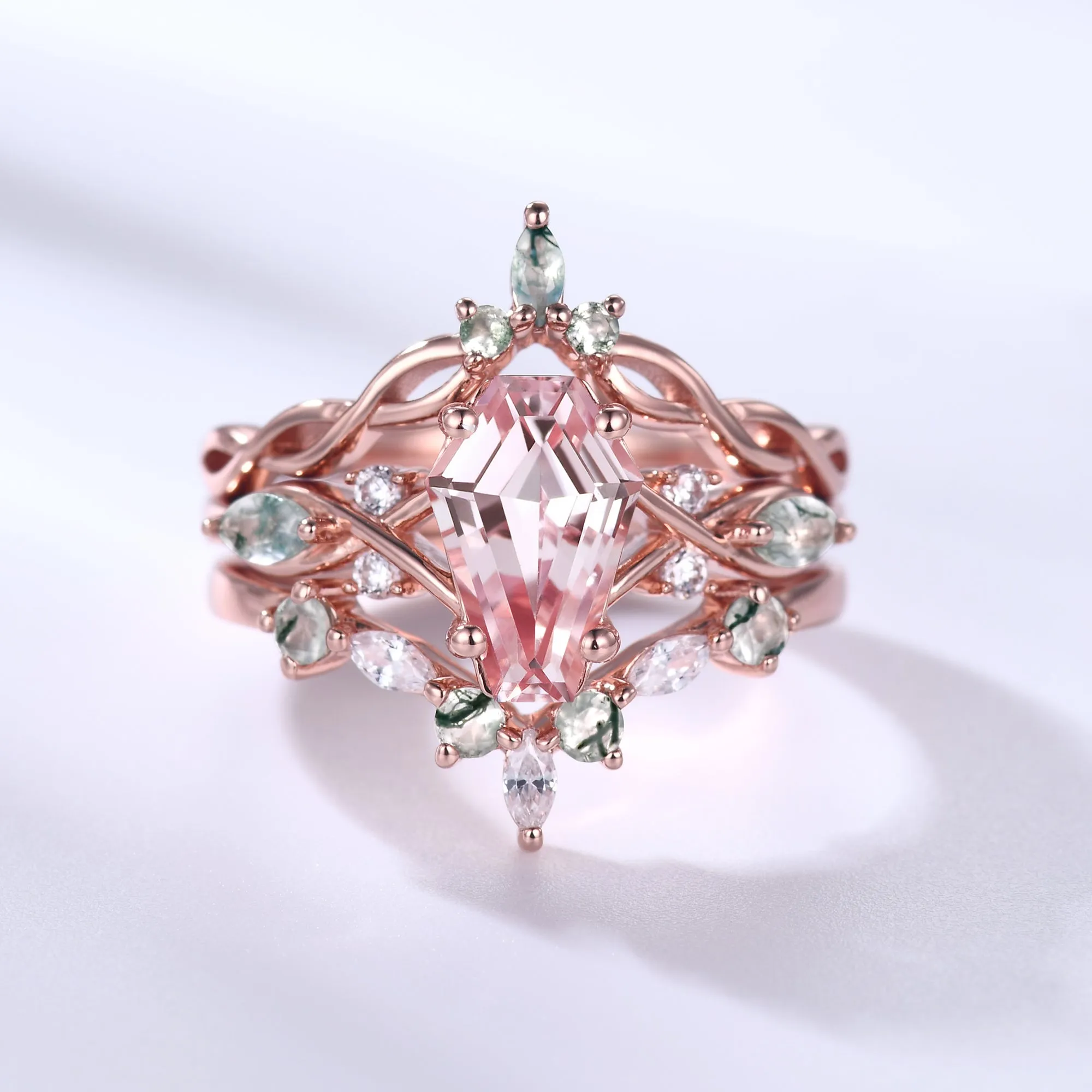 Coffin Shaped Morganite Engagement Ring Rose Gold Moss Agate Nature Inspired