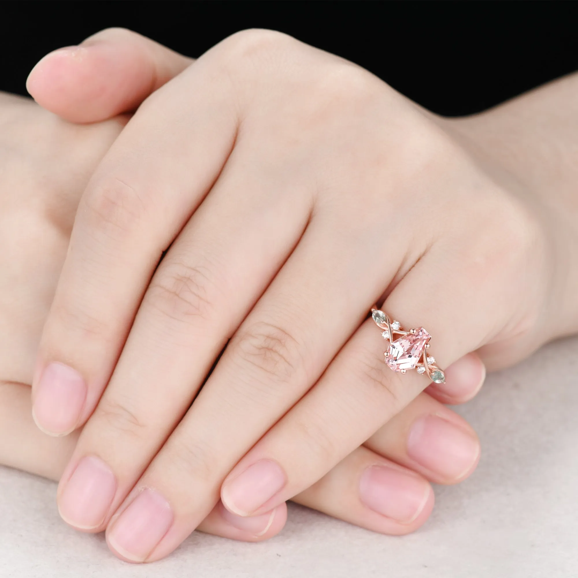 Coffin Shaped Morganite Engagement Ring Rose Gold Moss Agate Nature Inspired
