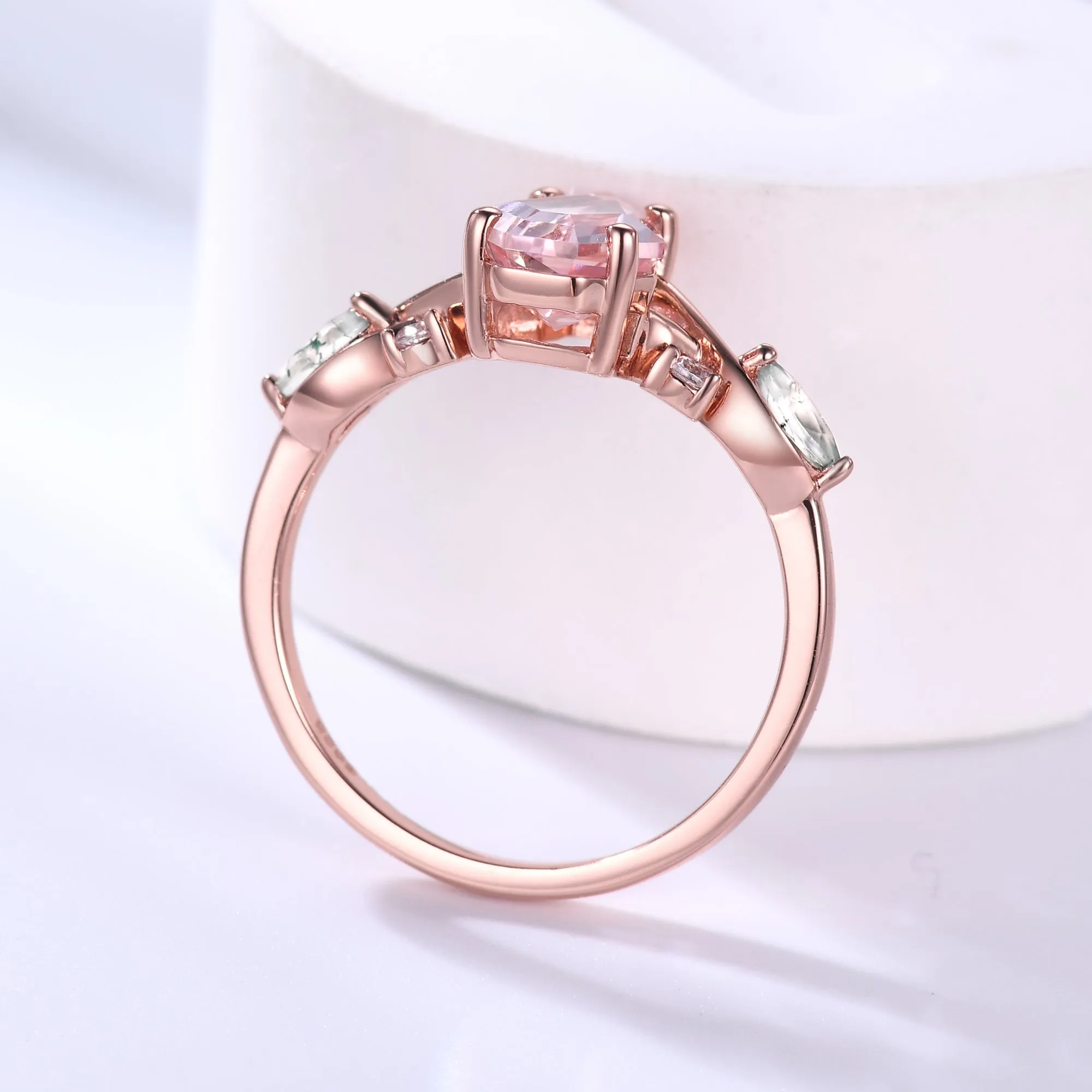 Coffin Shaped Morganite Engagement Ring Rose Gold Moss Agate Nature Inspired