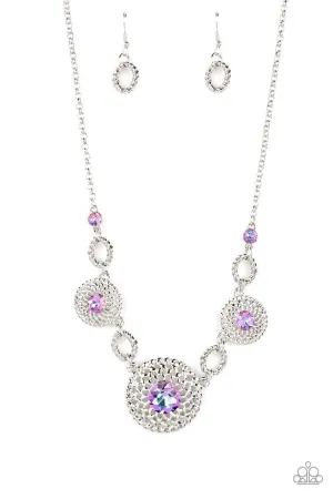 Cosmic Cosmos - Purple - Iridescent Rhinestone Floral Paparazzi Short Necklace