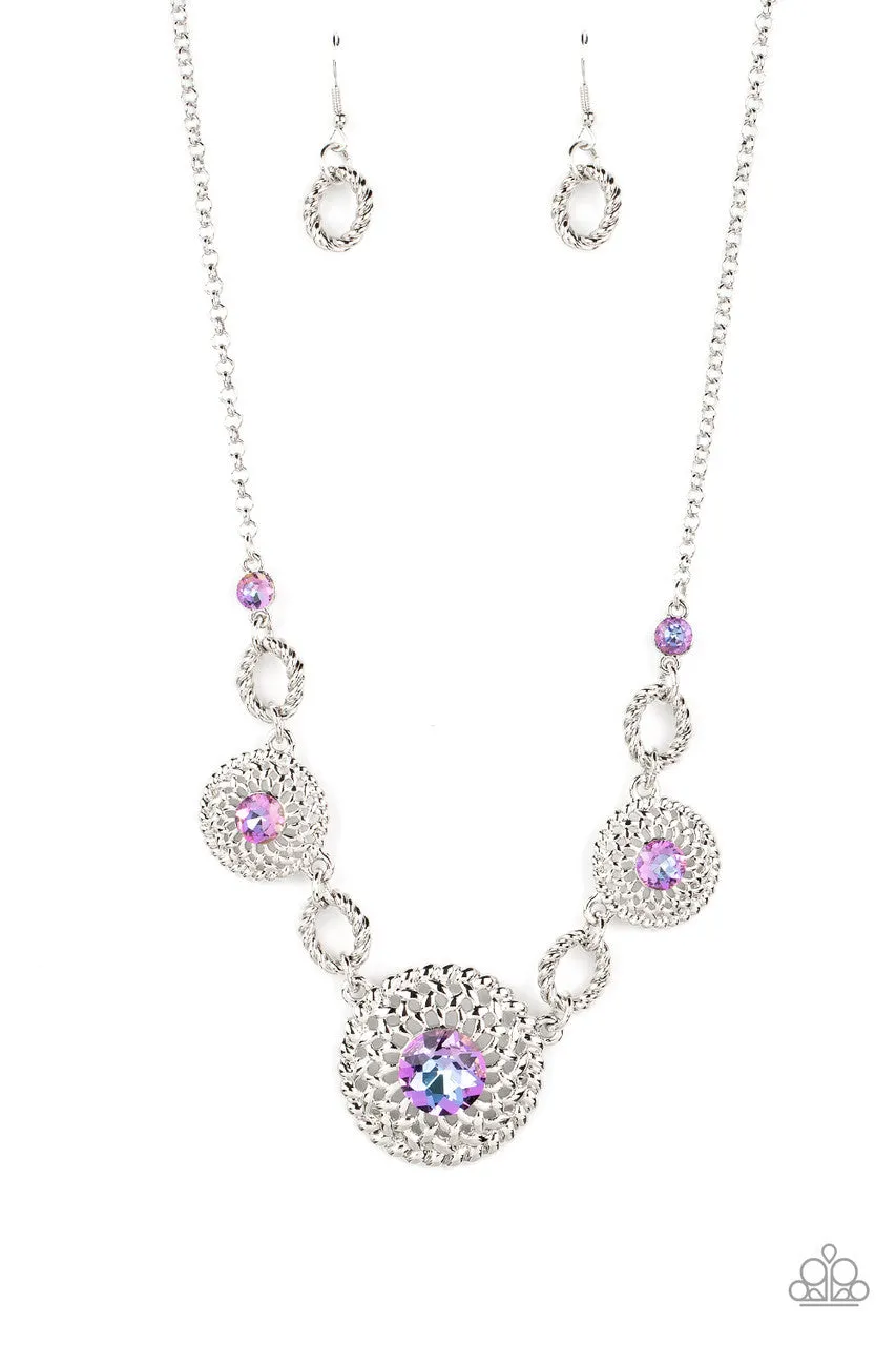 Cosmic Cosmos - Purple - Iridescent Rhinestone Floral Paparazzi Short Necklace