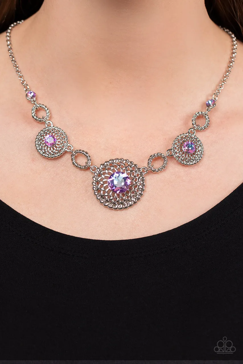 Cosmic Cosmos - Purple - Iridescent Rhinestone Floral Paparazzi Short Necklace