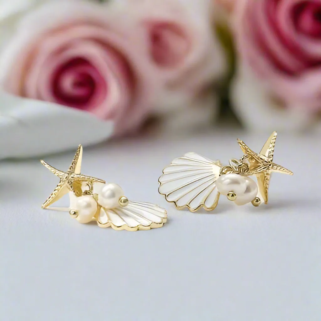 Created Diamond Unique Starfish Scallop Pearl Earrings