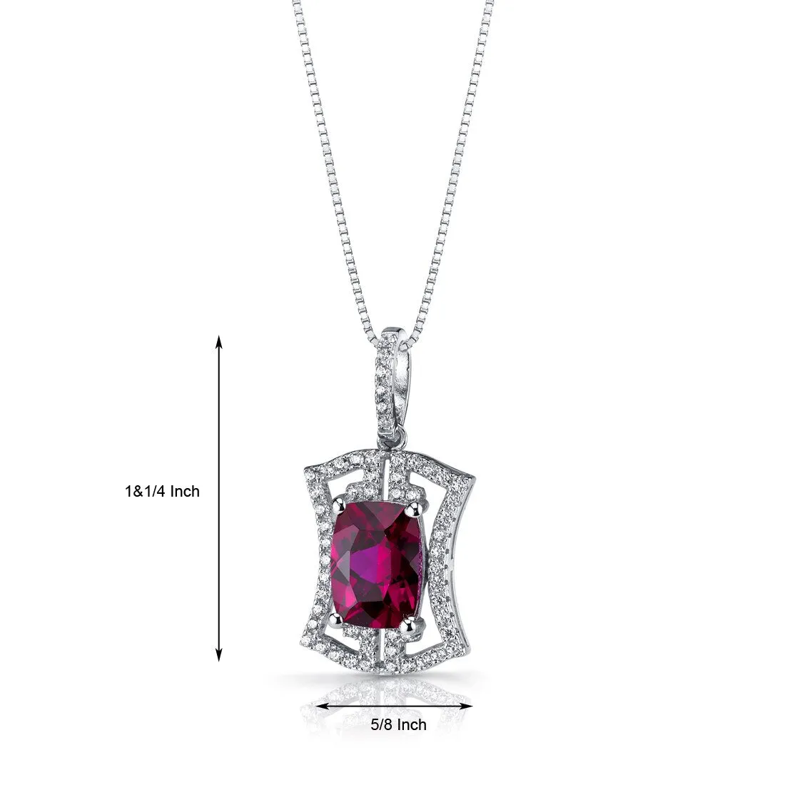 Created Ruby Art Deco Pendant Necklace Sterling Silver 4.75 Carats
