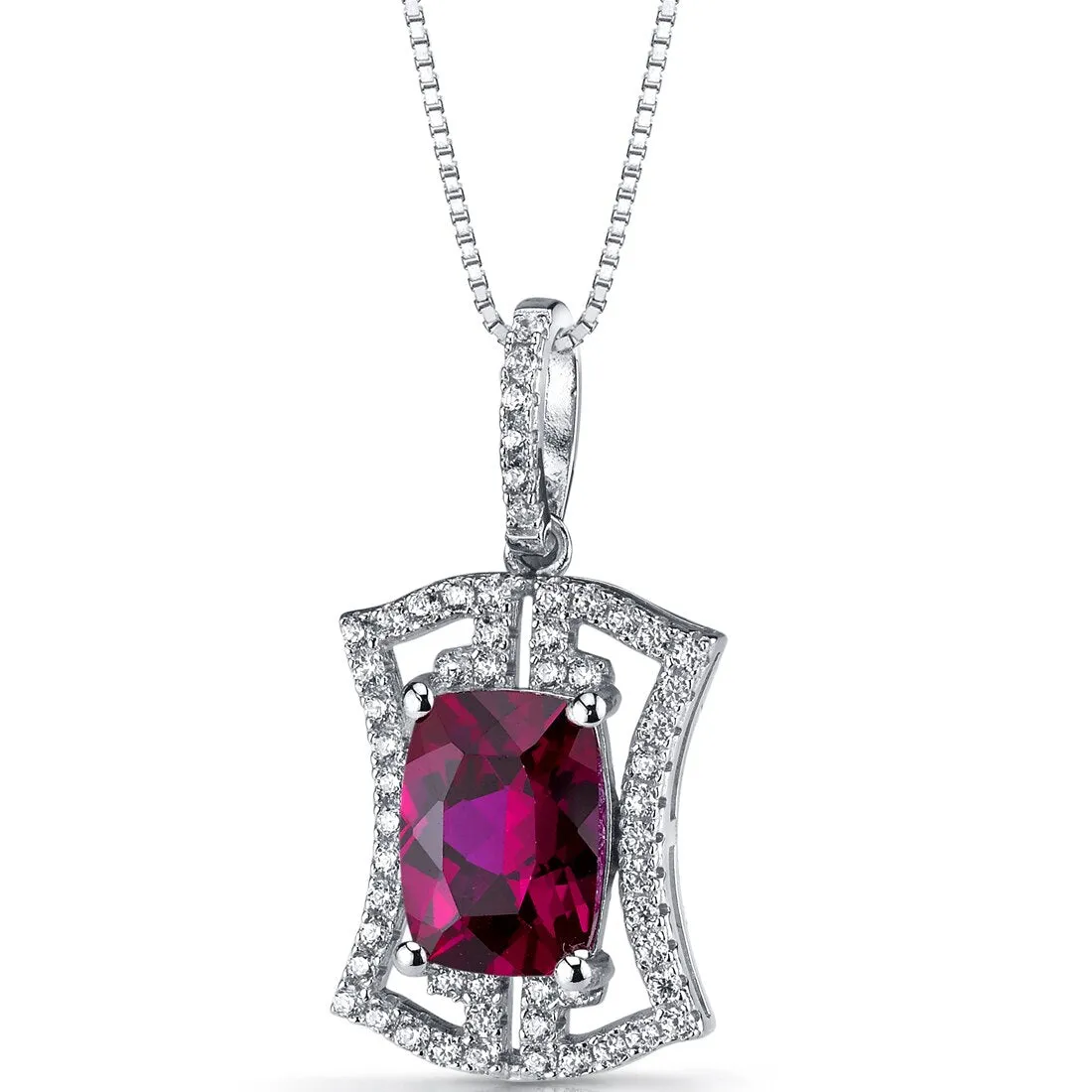 Created Ruby Art Deco Pendant Necklace Sterling Silver 4.75 Carats