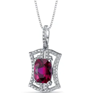 Created Ruby Art Deco Pendant Necklace Sterling Silver 4.75 Carats