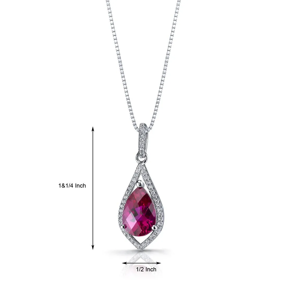 Created Ruby Teardrop Pendant Necklace Sterling Silver 4 Carats SP11258