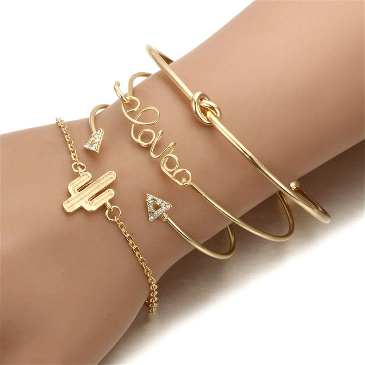 Cubic Zirconia & 18K Gold-Plated Cactus Bracelet Set