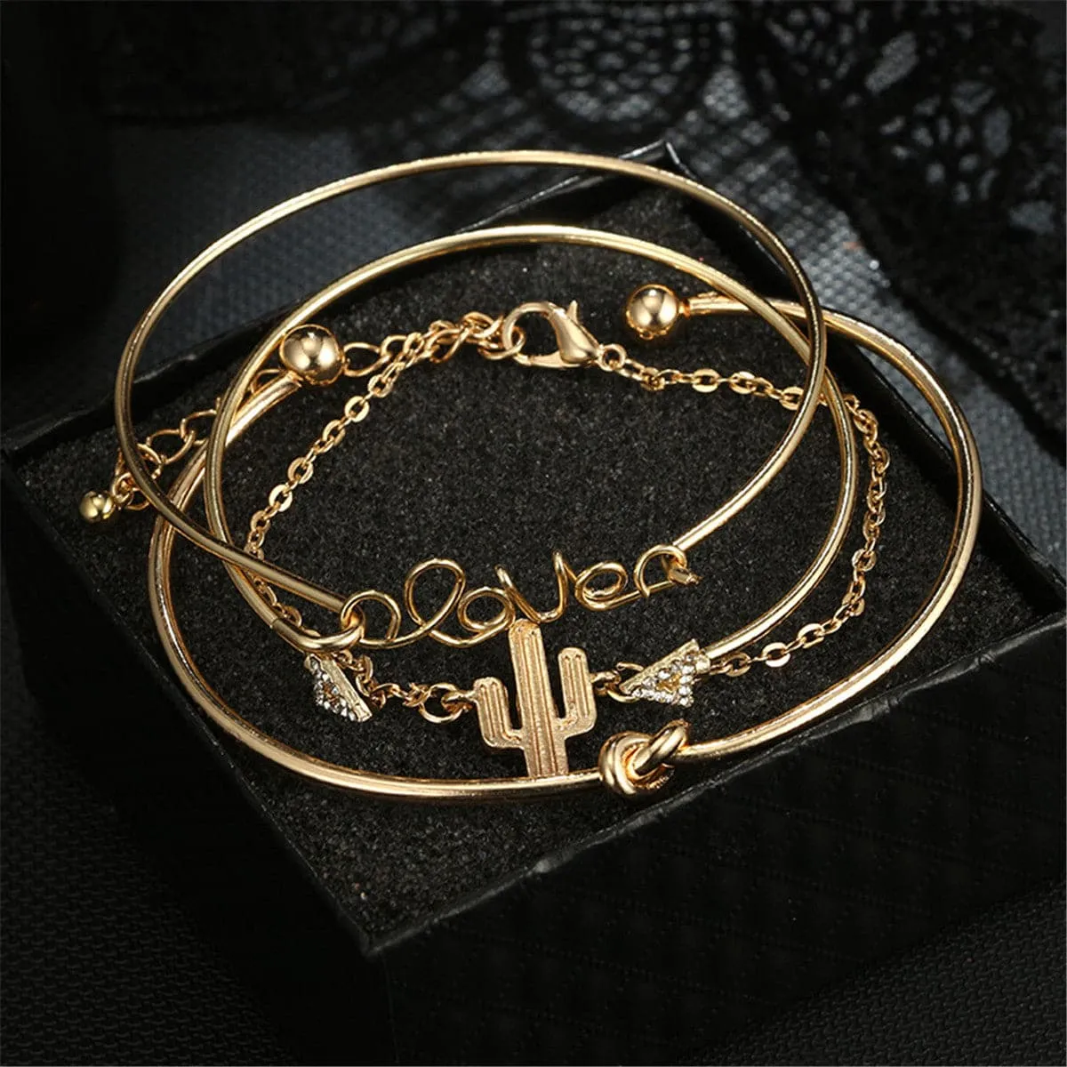 Cubic Zirconia & 18K Gold-Plated Cactus Bracelet Set