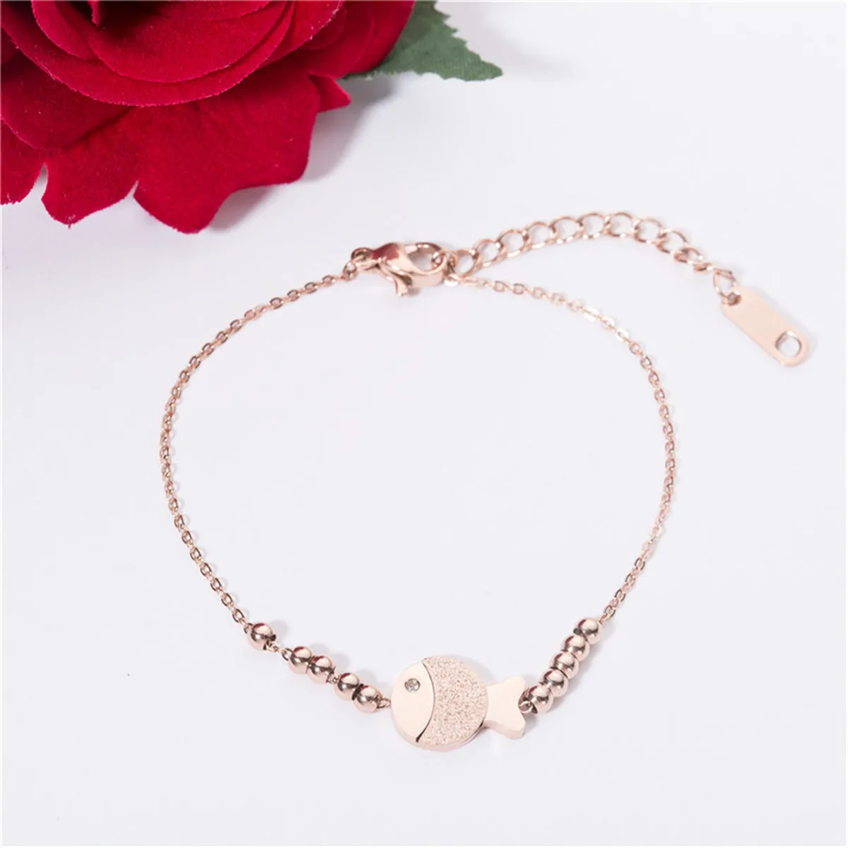 Cubic Zirconia & 18K Rose Gold-Plated Bead Chain Fish Charm Bracelet