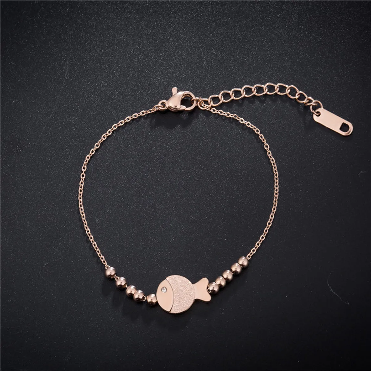 Cubic Zirconia & 18K Rose Gold-Plated Bead Chain Fish Charm Bracelet
