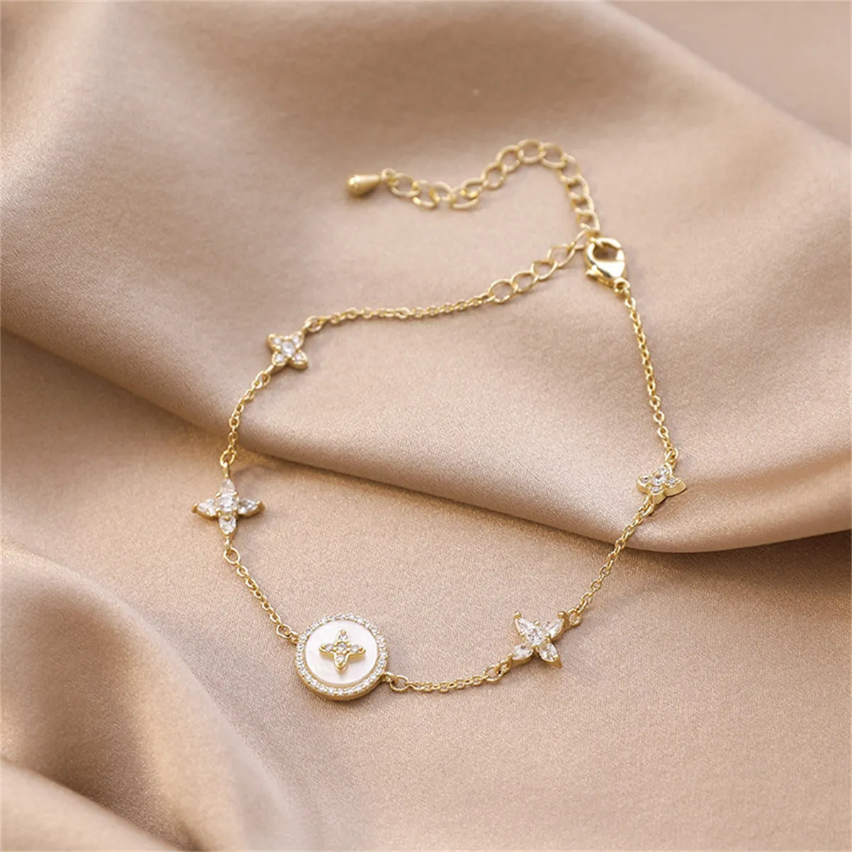 Cubic Zirconia & Shell 18K Gold-Plated Flower Station Bracelet