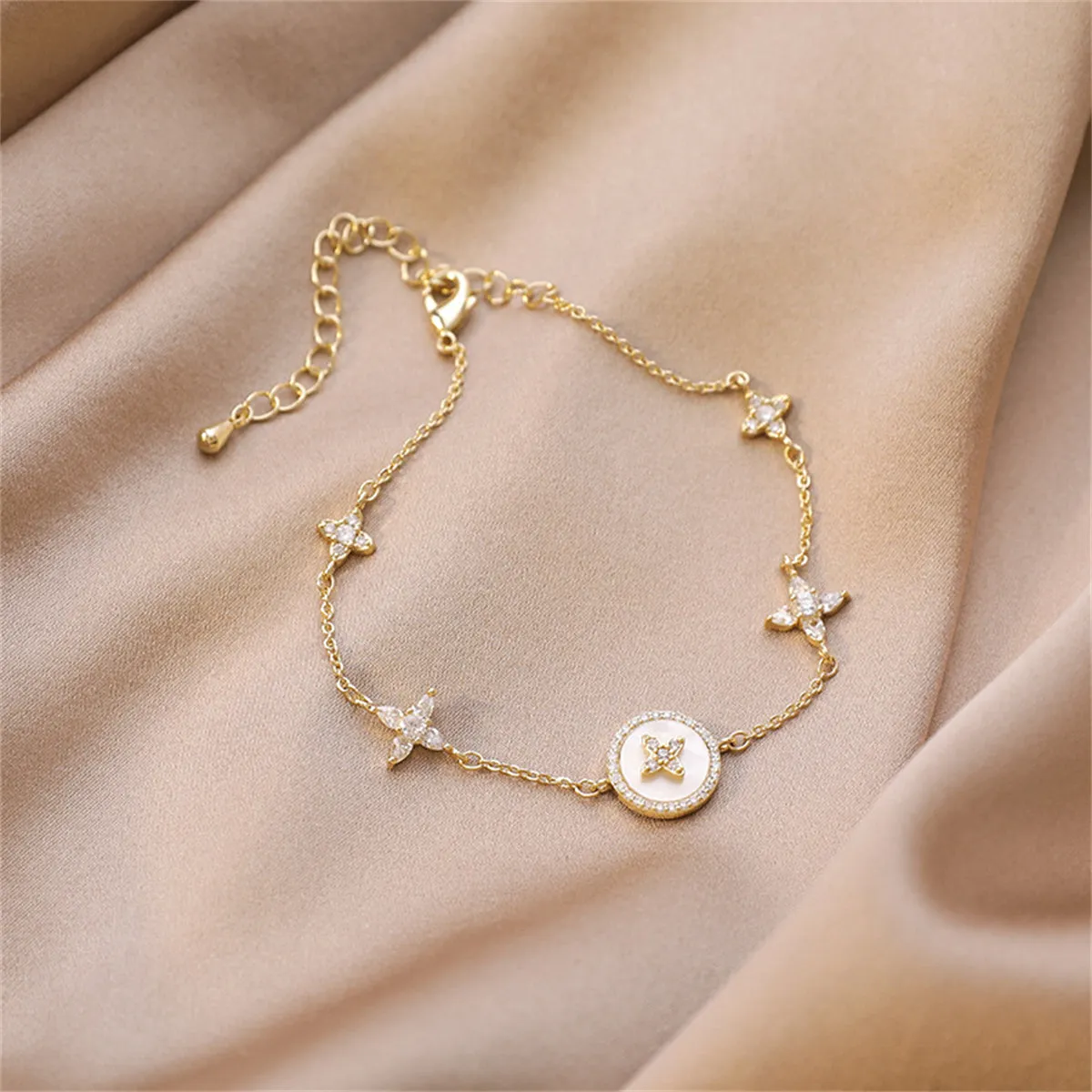 Cubic Zirconia & Shell 18K Gold-Plated Flower Station Bracelet