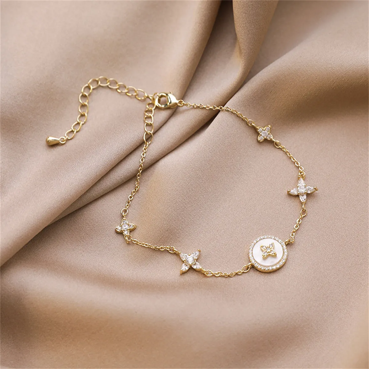 Cubic Zirconia & Shell 18K Gold-Plated Flower Station Bracelet