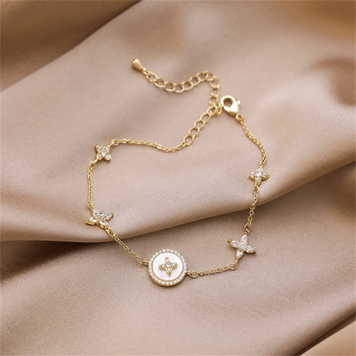 Cubic Zirconia & Shell 18K Gold-Plated Flower Station Bracelet