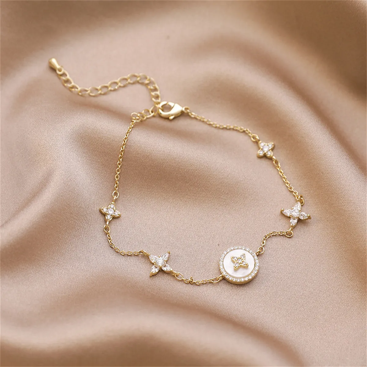 Cubic Zirconia & Shell 18K Gold-Plated Flower Station Bracelet