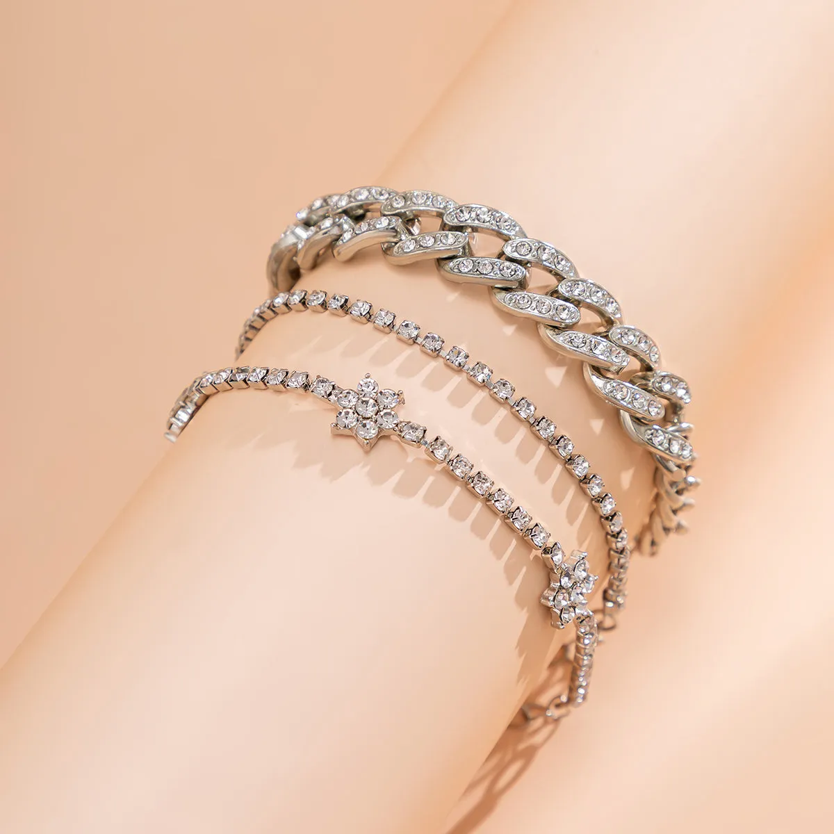 Cubic Zirconia & Silver-Plated Flower Station Bracelet Set