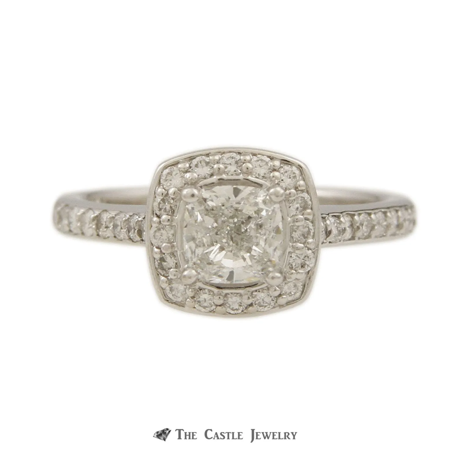 Cushion Cut 1.01ct Diamond Bridal Ring w/ Round Brilliant Cut Diamond Halo & Sides