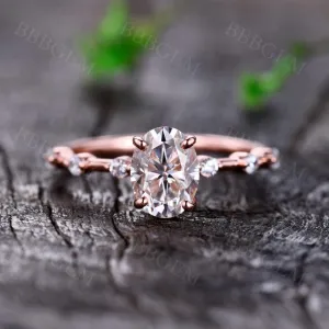 Dainty 1.5 Carat Oval Cut Moissanite Engagement Ring Solid Rose Gold Moissanite Wedding Band