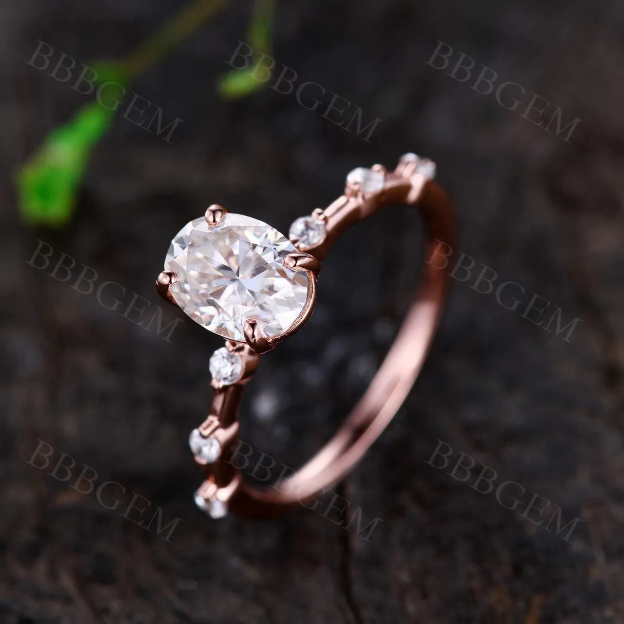Dainty 1.5 Carat Oval Cut Moissanite Engagement Ring Solid Rose Gold Moissanite Wedding Band