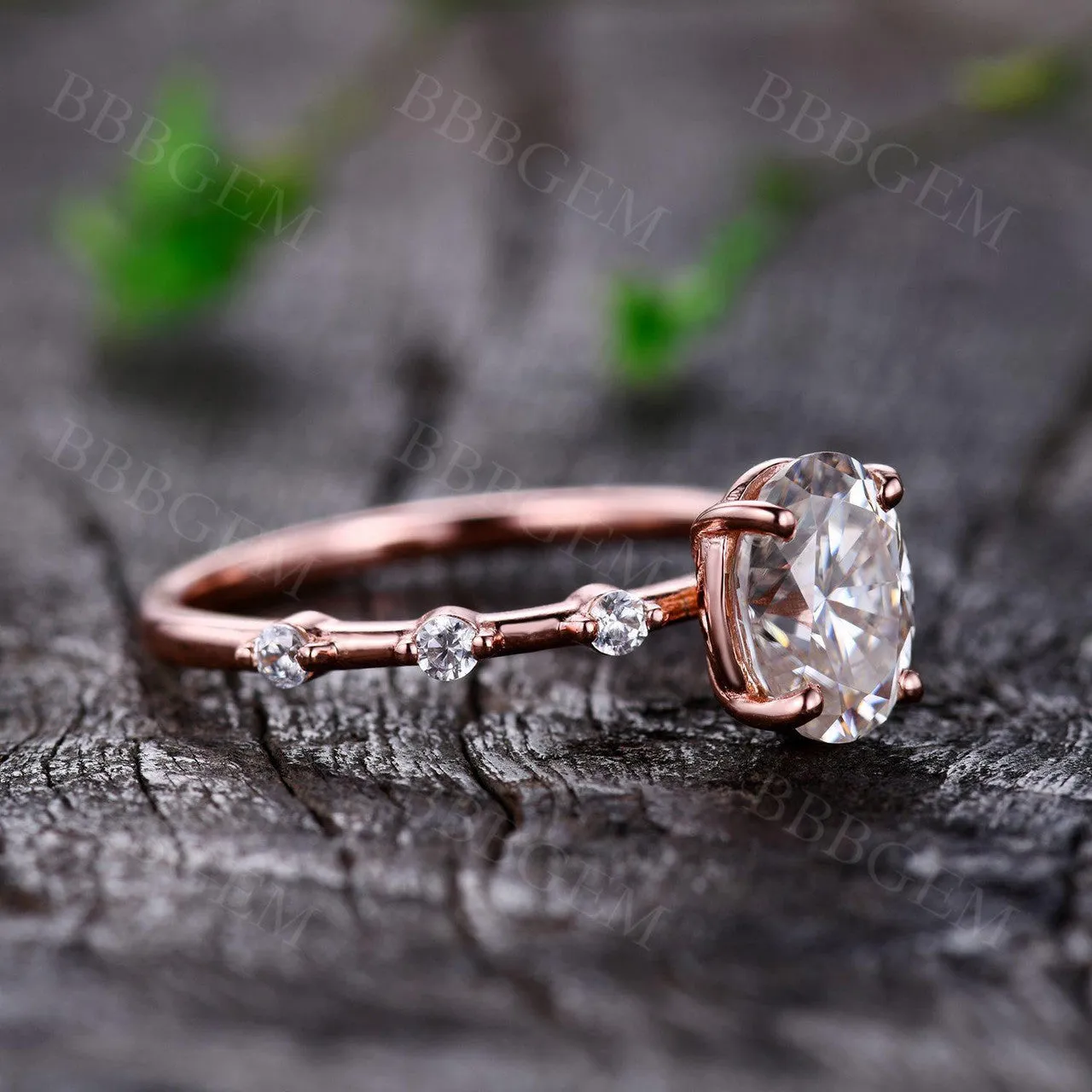 Dainty 1.5 Carat Oval Cut Moissanite Engagement Ring Solid Rose Gold Moissanite Wedding Band