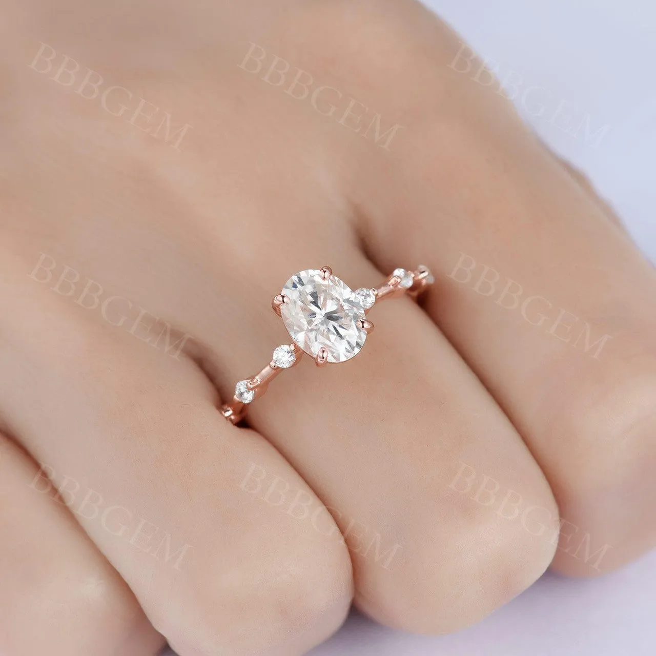 Dainty 1.5 Carat Oval Cut Moissanite Engagement Ring Solid Rose Gold Moissanite Wedding Band