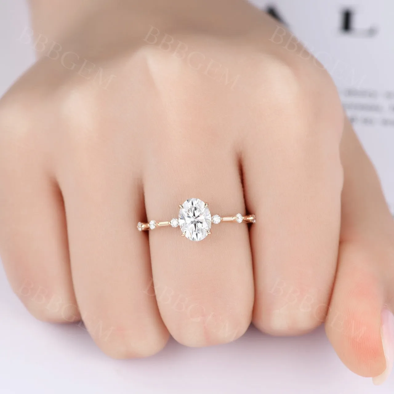 Dainty 1.5 Carat Oval Cut Moissanite Engagement Ring Solid Rose Gold Moissanite Wedding Band
