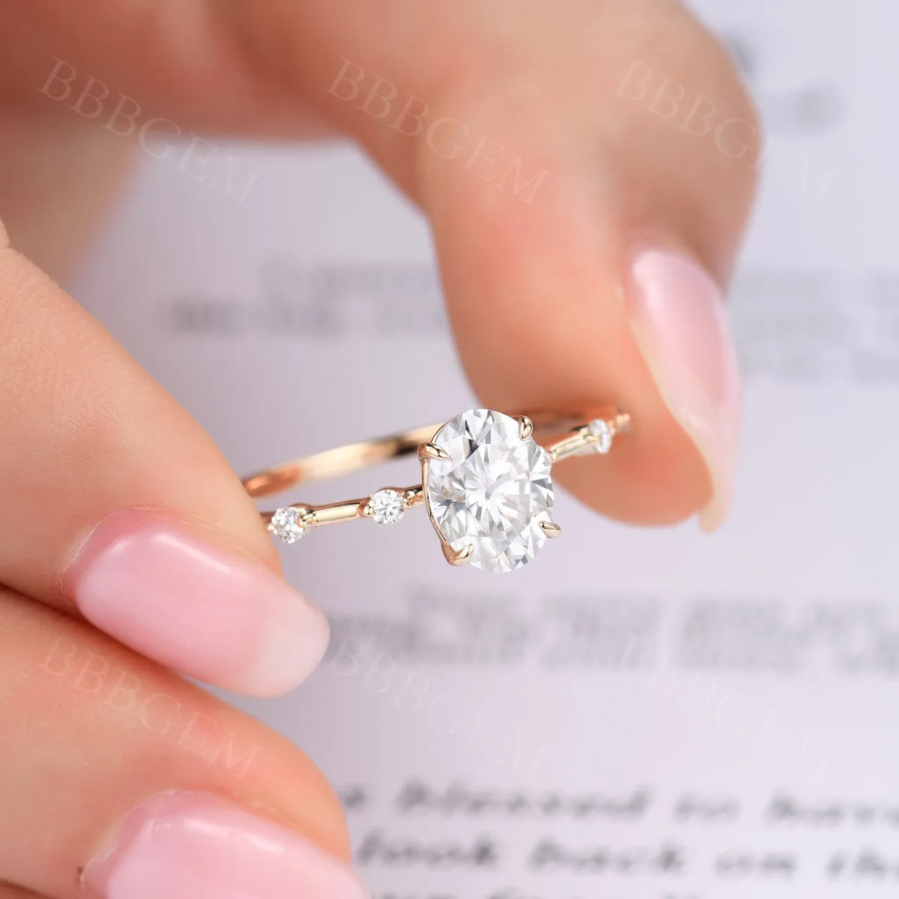 Dainty 1.5 Carat Oval Cut Moissanite Engagement Ring Solid Rose Gold Moissanite Wedding Band