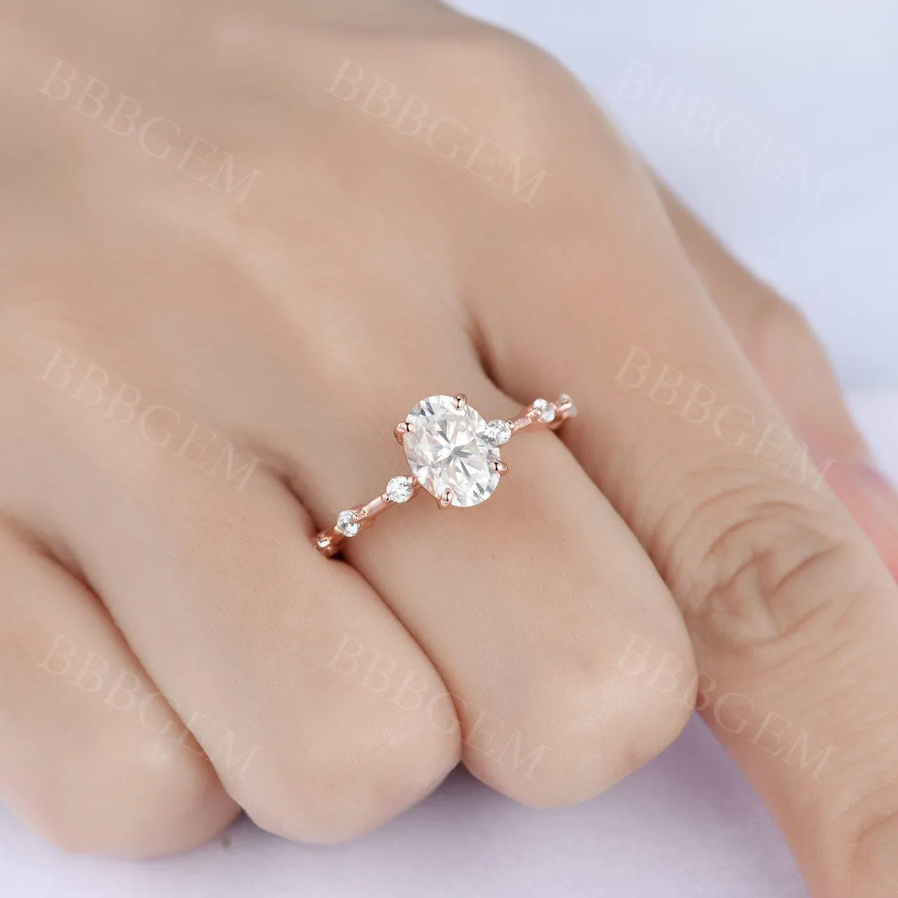 Dainty 1.5 Carat Oval Cut Moissanite Engagement Ring Solid Rose Gold Moissanite Wedding Band