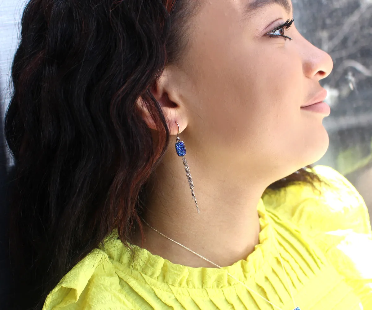 Dangling Chain Black Druzy Earrings
