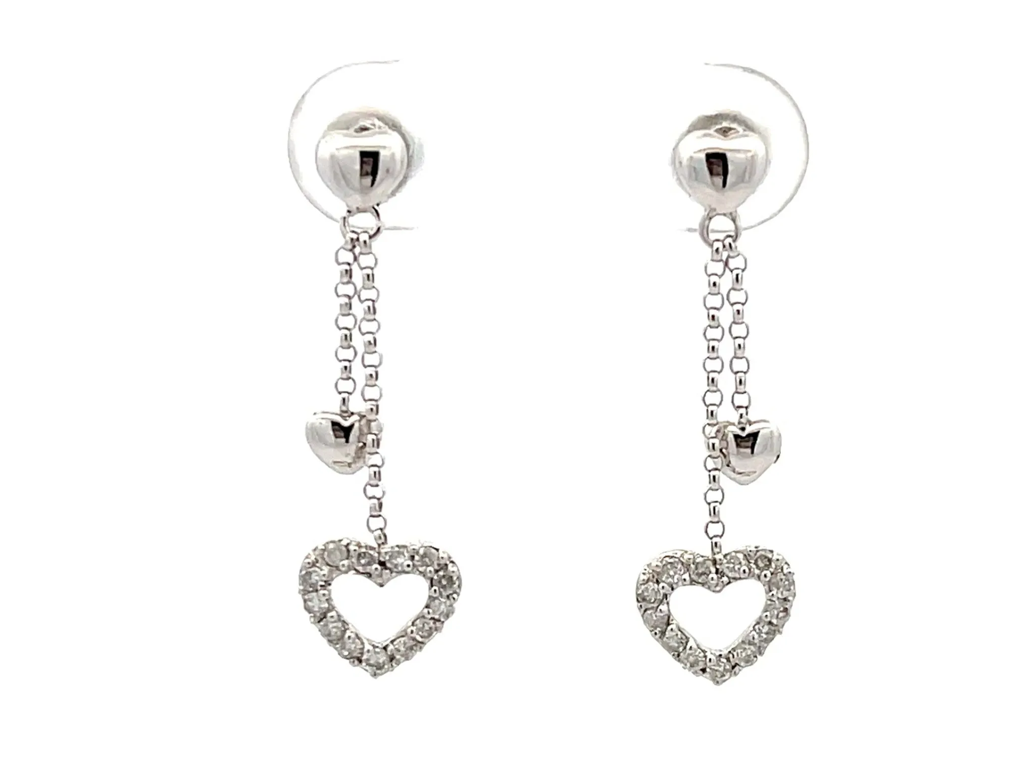 Dangly Diamond Heart Solid White Gold Earrings