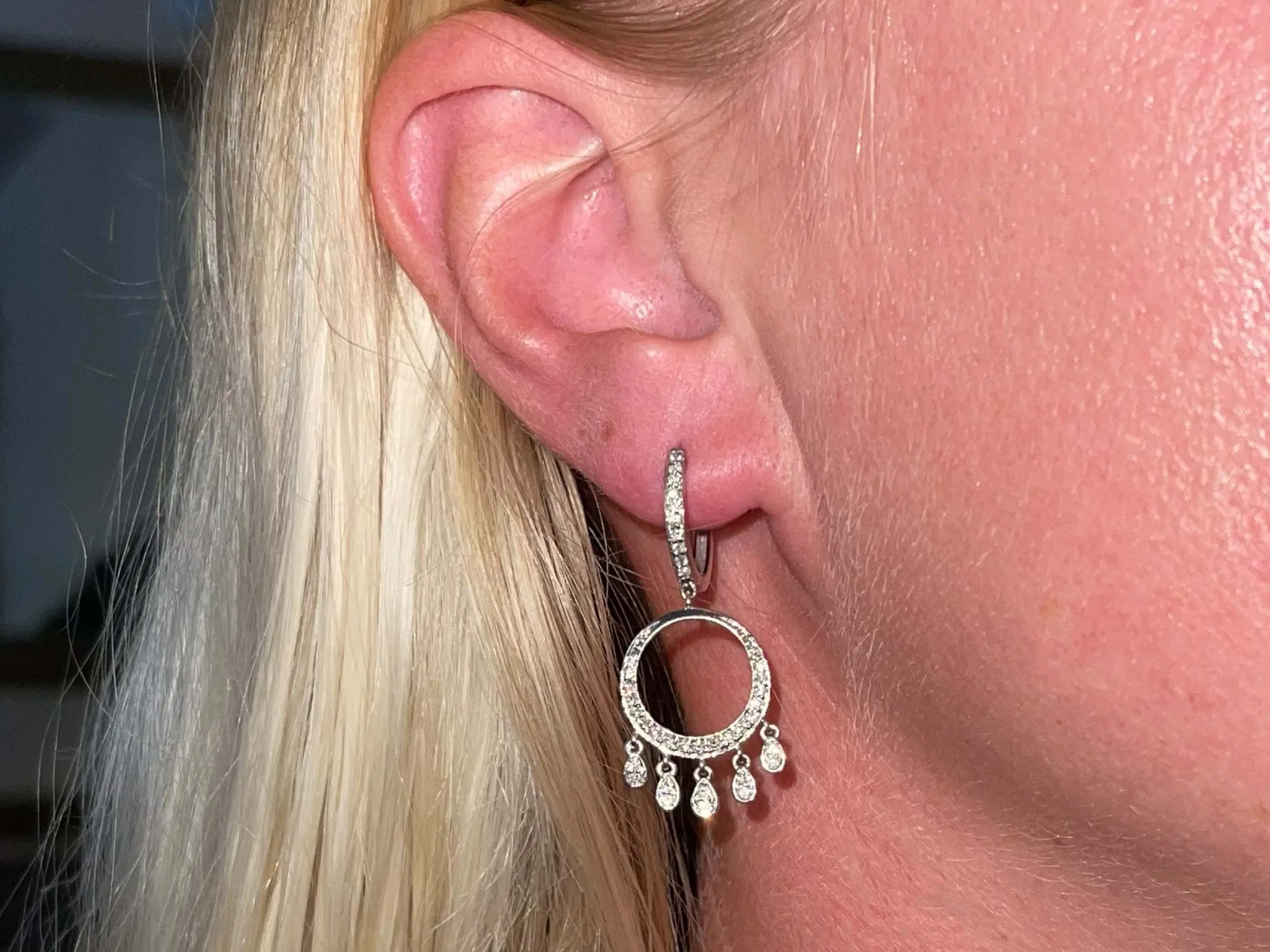 Dangly Diamond Hoop Earrings 18K Solid White Gold