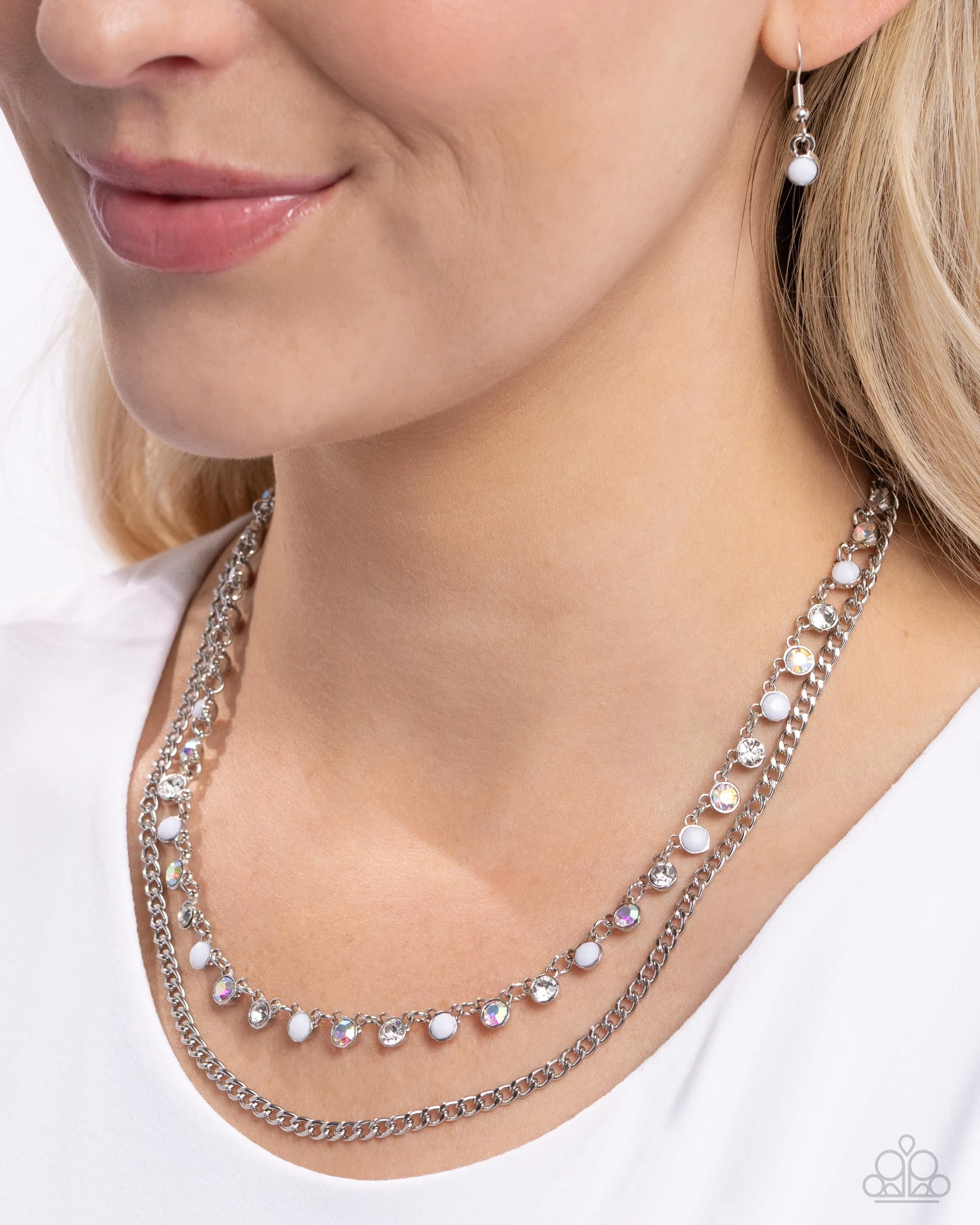 Delicate Dame - White - Bead and Iridescent Rhinestone Tiered Paparazzi Short Necklace