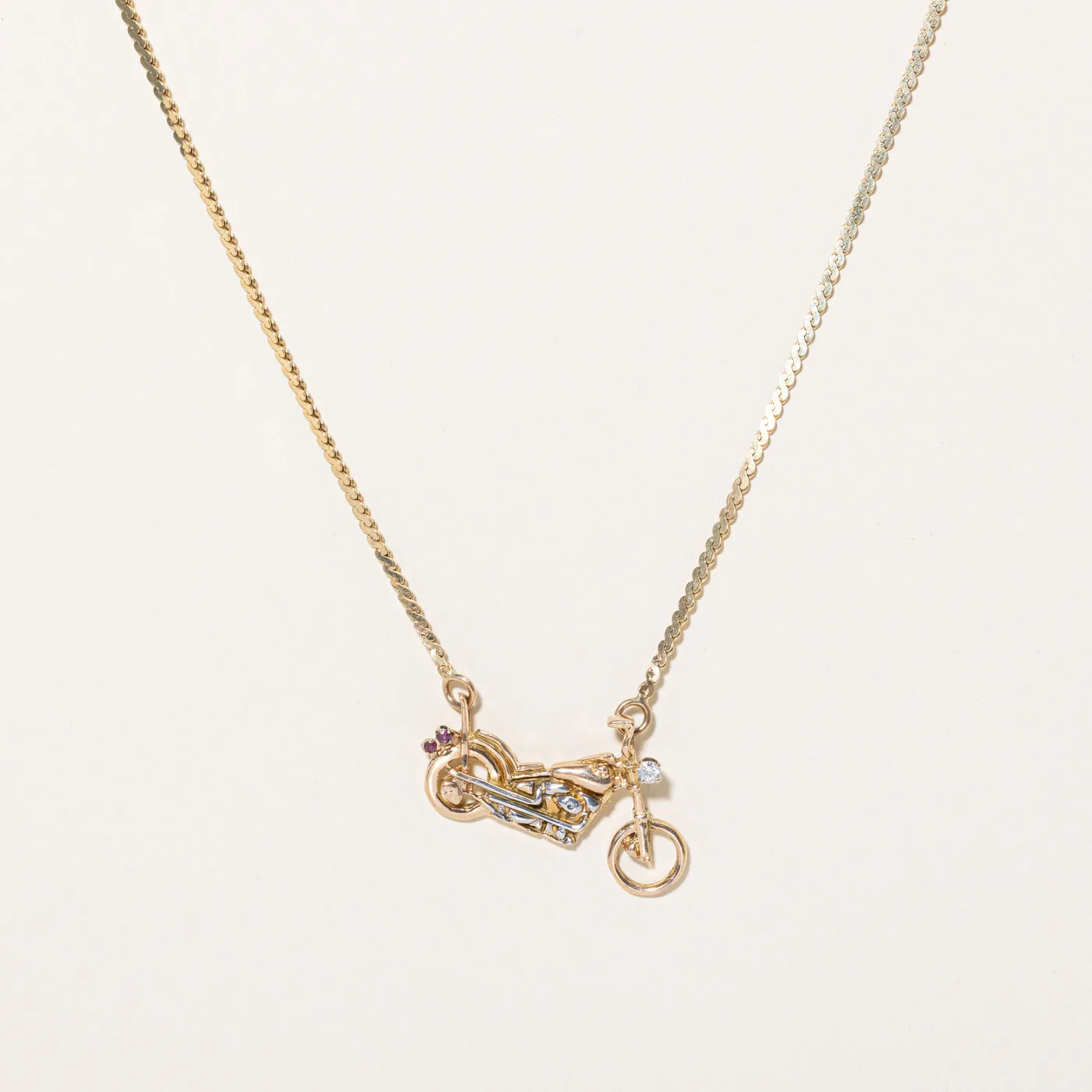 Diamond & Ruby Motorcycle Pendant Necklace | 0.085ct, 0.01ctw | 20" |