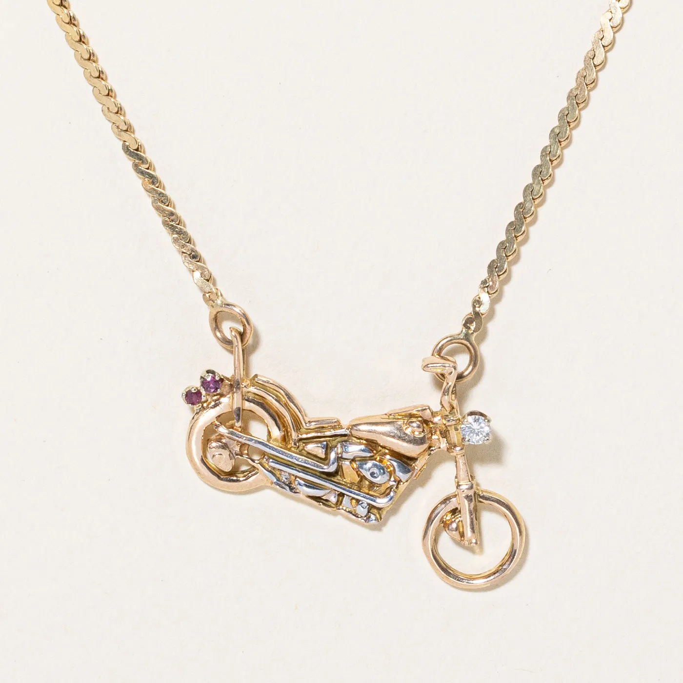 Diamond & Ruby Motorcycle Pendant Necklace | 0.085ct, 0.01ctw | 20" |