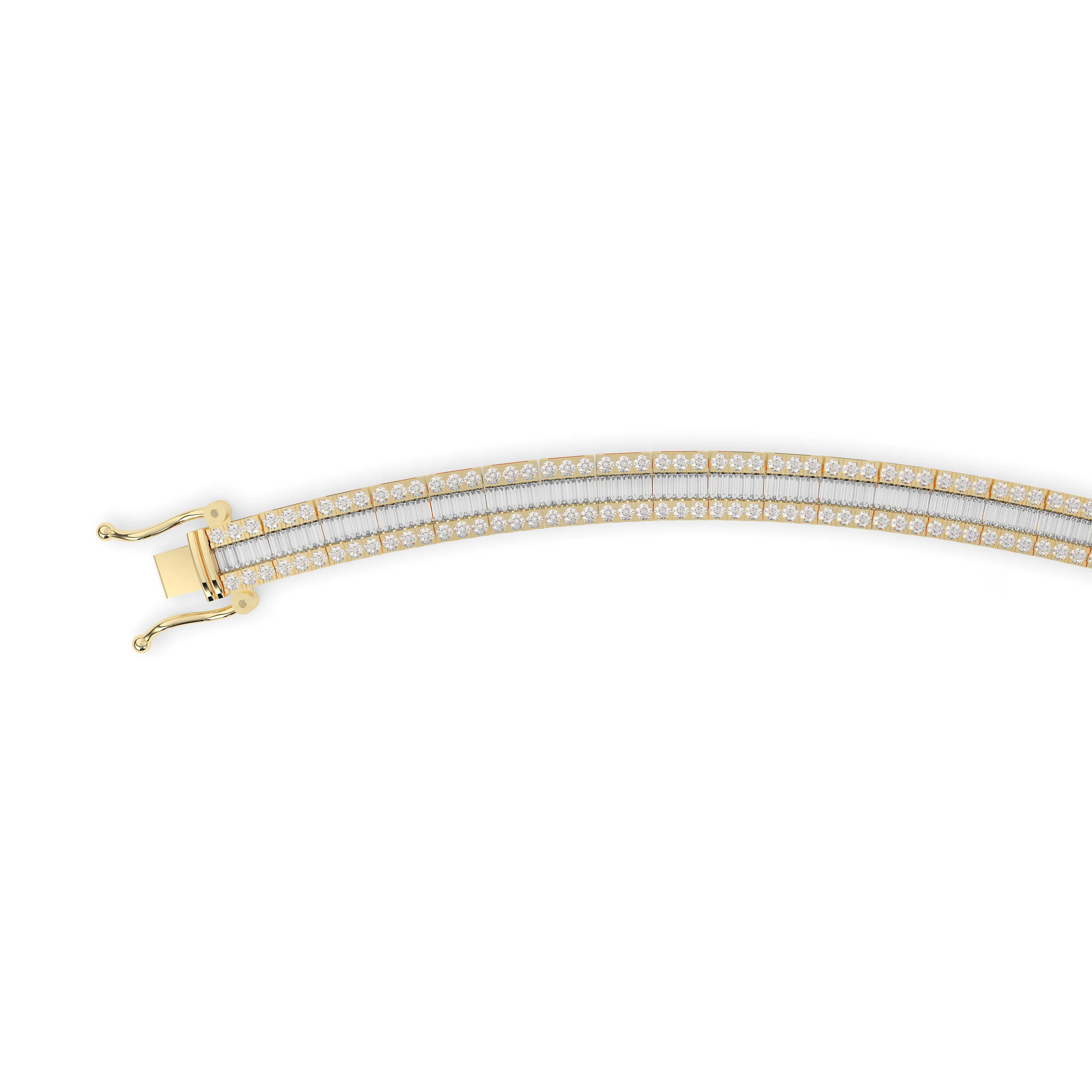 Diamond Bracelet with Baguette Center Row surrounded by Rows of Round-Cut Diamonds